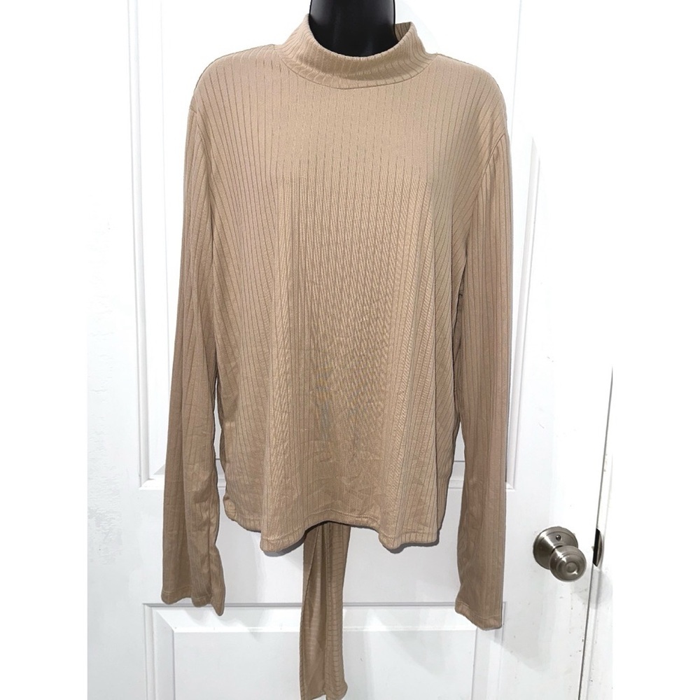 White Birch Tan Brown Turtleneck tie back long sleeve top